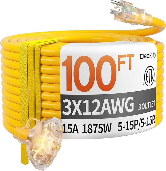 100ft 12 Gauge Heavy Duty 3 Outlet Extension Cord Splitter by Deeklify