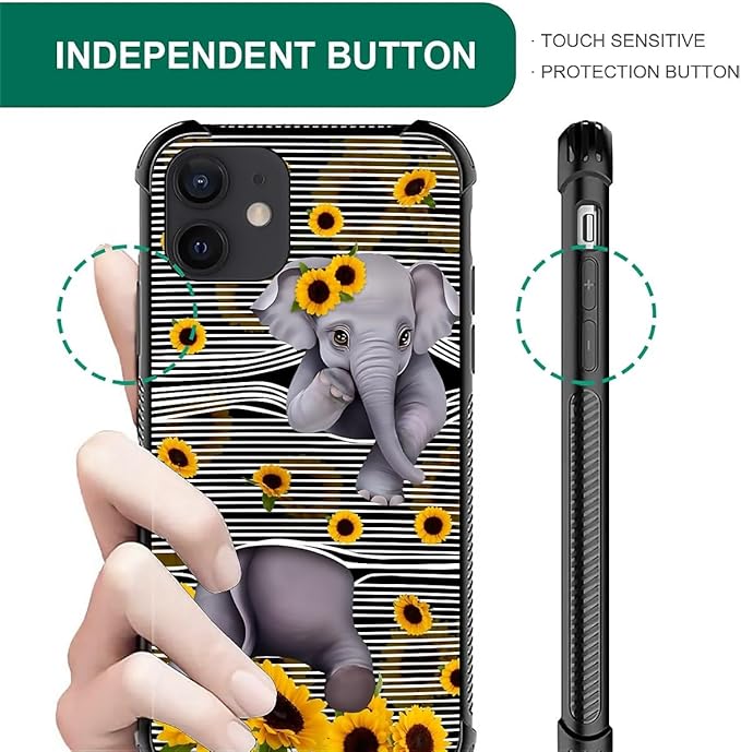 for iPhone 12/12 Pro Case, Cute Little Elephant Sunflower White Line Art - Image 4