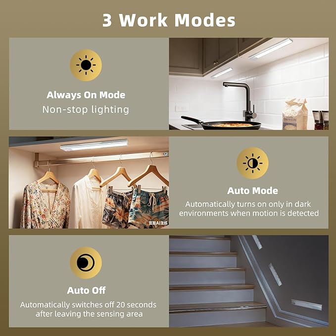 16inch Under Cabinet Lighting, 4 Pack Rechargeable Motion Sensor Light Indoor - Image 3