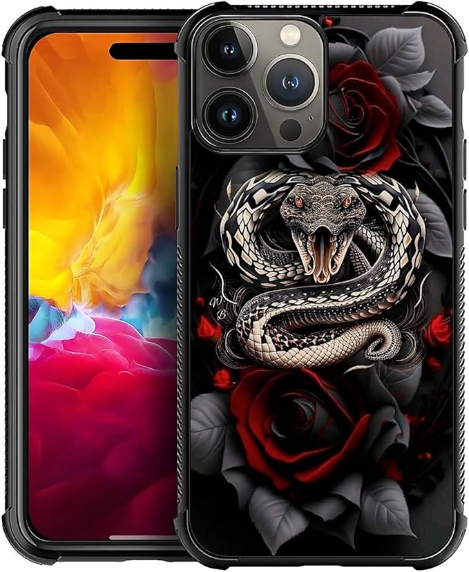 for iPhone 15 Pro Max Case, Entwined Rose Snake Pattern Graphic Design Girl Boy by FKBRCL4U