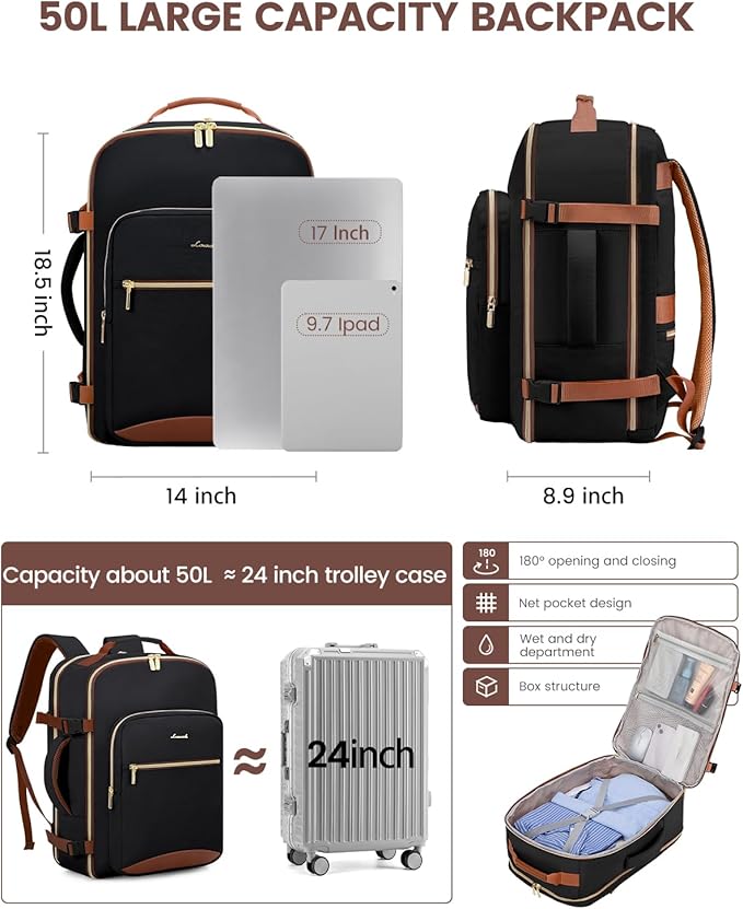 LOVEVOOK 50L Travel Backpack for Women & Men, Airline Approved Carry On Luggage - Image 4