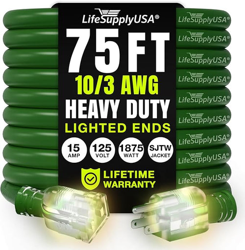 75ft Outdoor/Indoor Extension Cord 10/3 Gauge Ultra Heavy Duty 3 Prong SJTW by LifeSupplyUSA