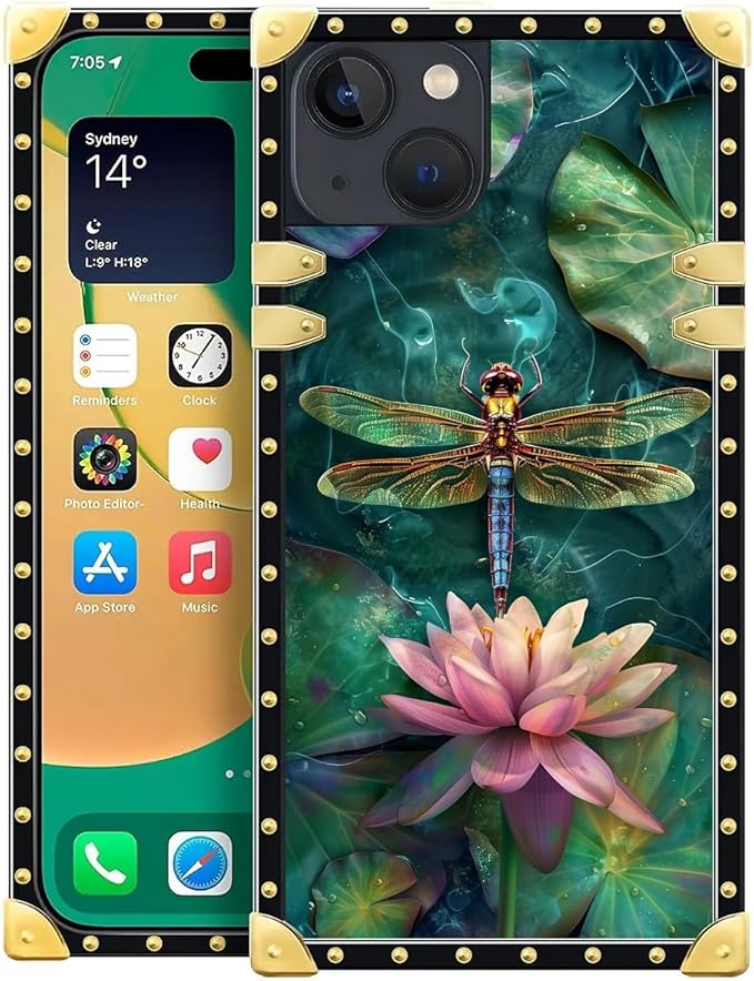 Compatible with iPhone 14 Case, Colourful Dragonfly Pink Lily Pads Luxury by Unknown