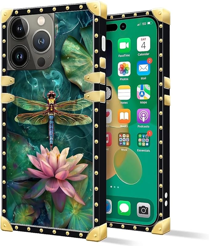 Compatible with iPhone 14 Pro Max Case, Colourful Dragonfly Pink Lily Pads - Image 2