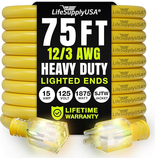 75ft Outdoor/Indoor Extension Cord 12/3 Gauge Extra Heavy Duty 3 Prong SJTW by LifeSupplyUSA
