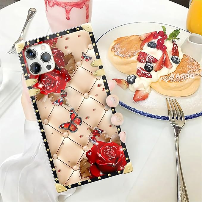 Compatible with iPhone 12 12 Pro Case, Shining Red Rose Butterfly Leather - Image 5
