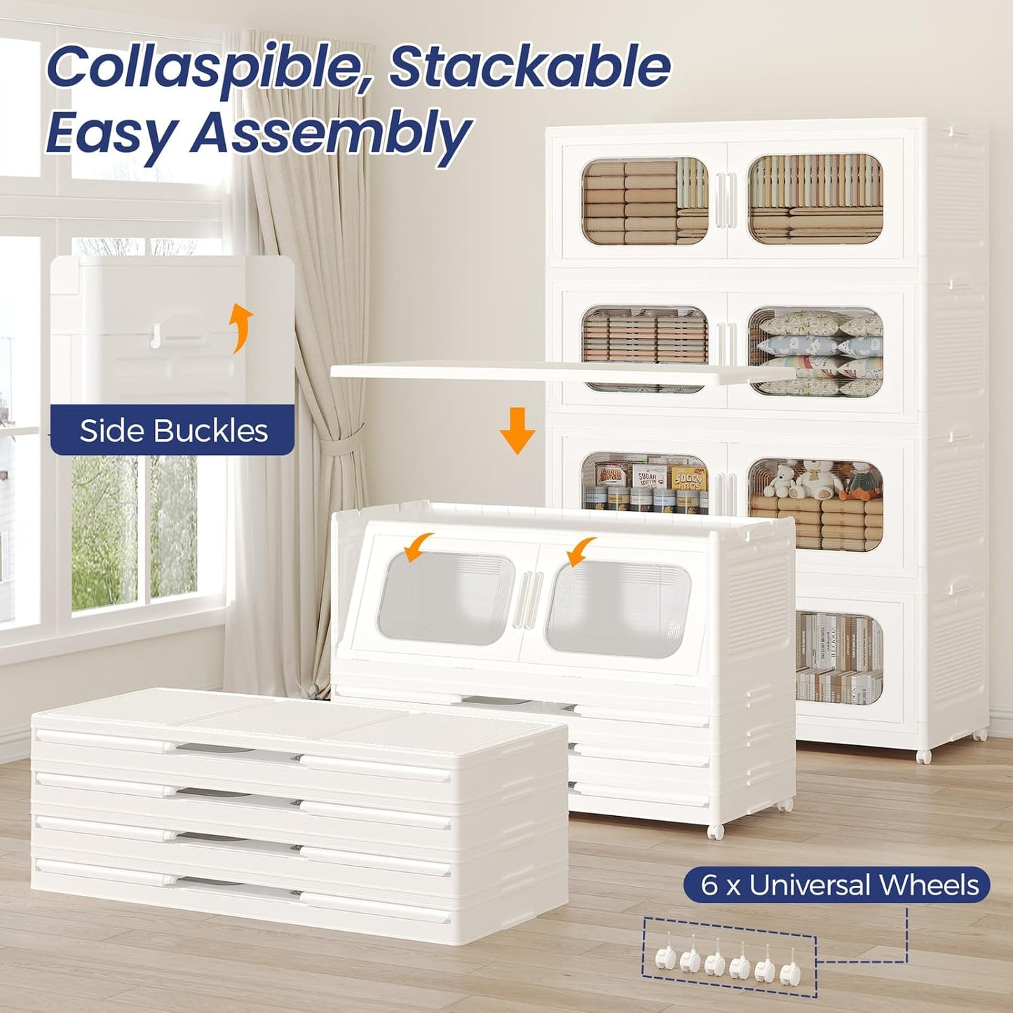 250GAL Extra Large Storage Bins with Lid, 1000QT Storage Bins with Wheels, Folding Closet Organizer, Stackable Collapsible Plastic Storage Containers for Home, Office, Dorm, 5Pack White