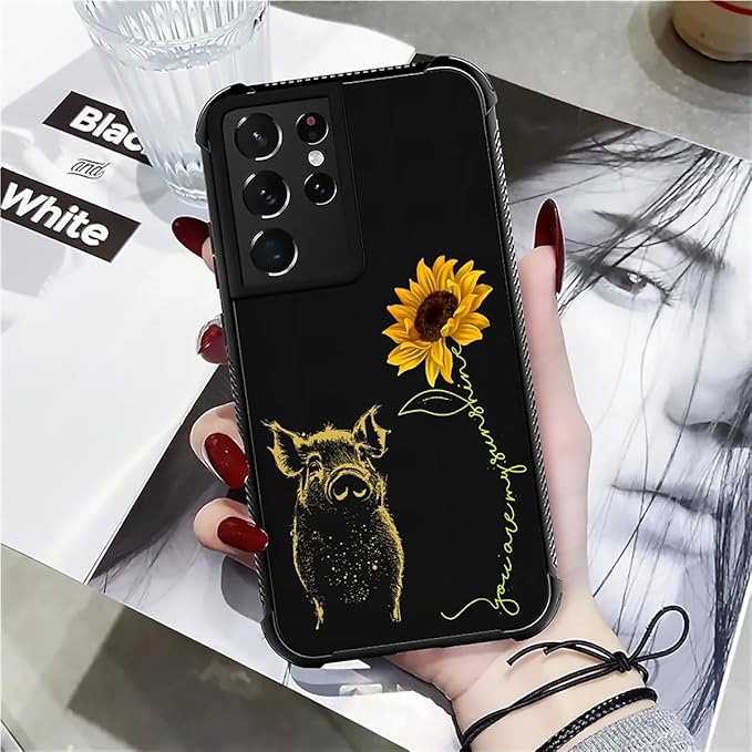 for Samsung Galaxy S21 Ultra Case, Pig Sunflower Yellow Sunshine Pattern - Image 7