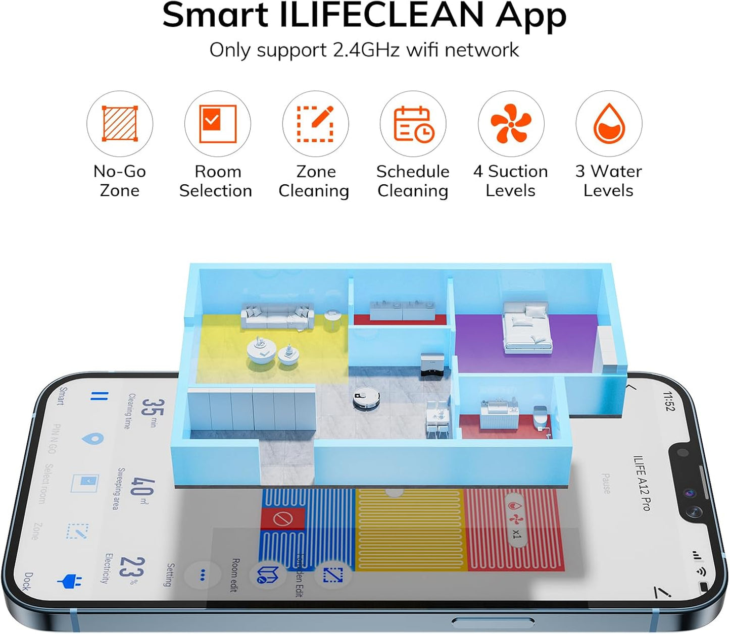 ILIFE A12 Pro Robot Vacuum and Mop Combo, Self Emptying Station for 60 Days, LiDAR Navigation, Home Mapping, No-Go Zones, 2.4G WiFi/App/Alexa/Remote Control, for Hard Floors, 110V