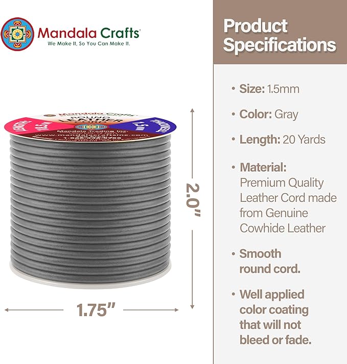 Mandala Crafts Round Cowhide Genuine Gray Leather Cord - Image 4