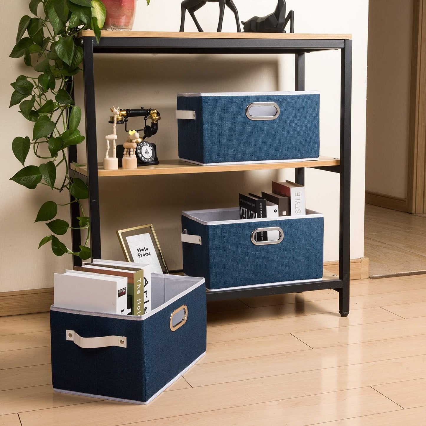 PRANDOM Large Collapsible Storage Baskets for Closet [3-pack] Decorative Fabric Storage Bins Cubes with Leather/Metal Handles for Shelves Bedroom Living Room Royal Blue (14.9x9.8x8.3 Inch)