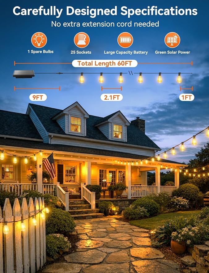 Brightever 60FT Solar String Lights Outdoor Waterproof, Patio Lights Solar - Image 2