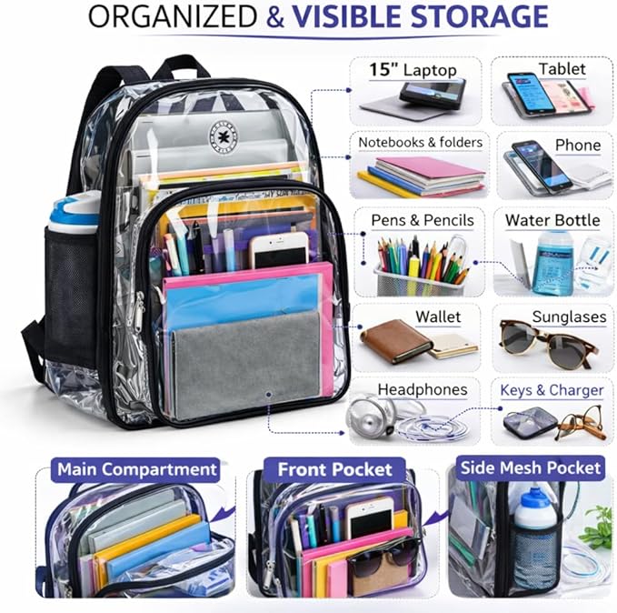 K-Cliffs Large Transparent Backpack Clear Heavy Duty School Bag Durable Student - Image 7