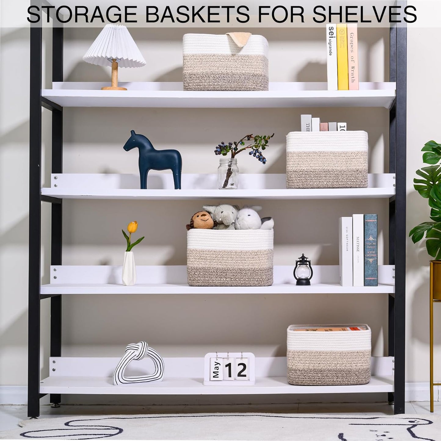 Small Storage Baskets for Organizing Shelves, Woven Cotton Rope Basket for Storage, Cute Rectangular Book Toy Baskets, 12.7"×9.1"×7.9", 4 Packs, Gradient Brown