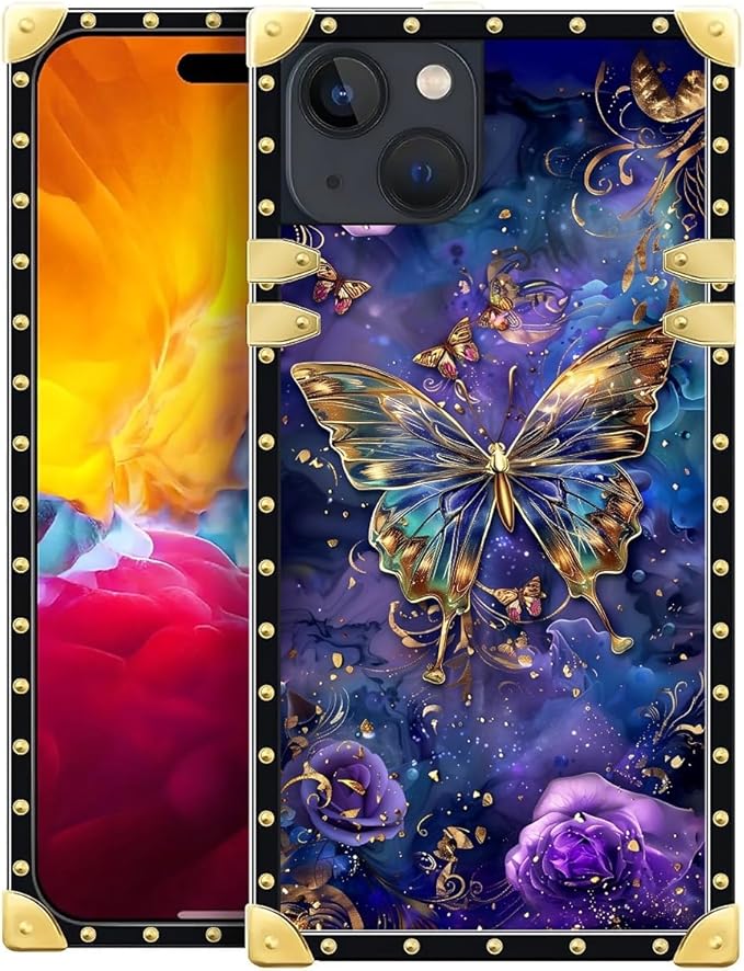 Compatible with iPhone 15 Case, Glistening Golden Butterfly Vibrant Purple Blue by Unknown