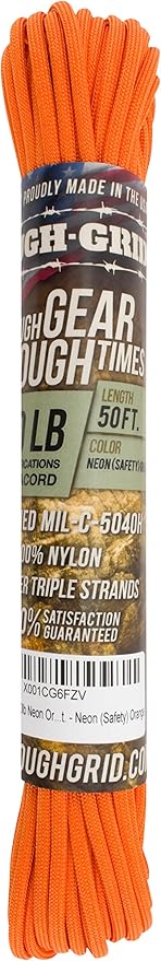 TOUGH-GRID 550 Paracord, Type III Mil-Spec Nylon Rope - 50 Ft Neon Orange - Image 3