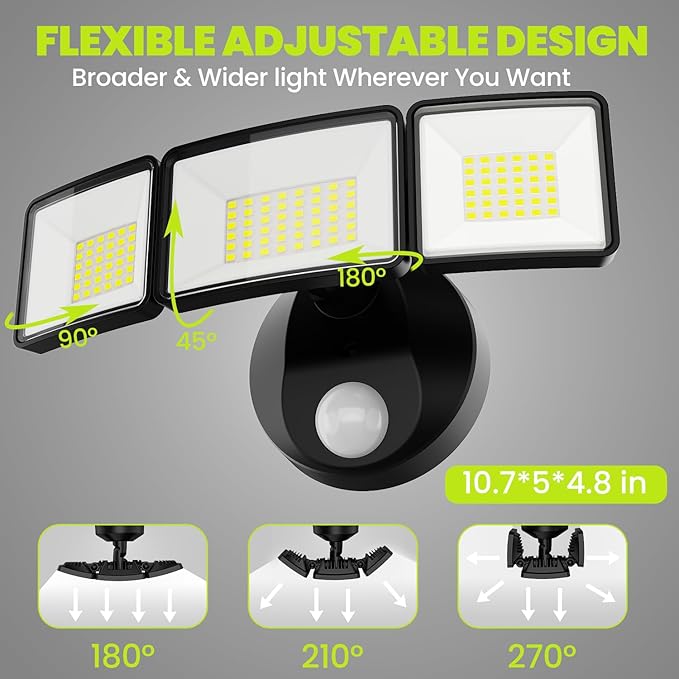 7500LM LED Security Light Motion Sensor Outdoor Lights, Adjustable 3 Head - Image 5