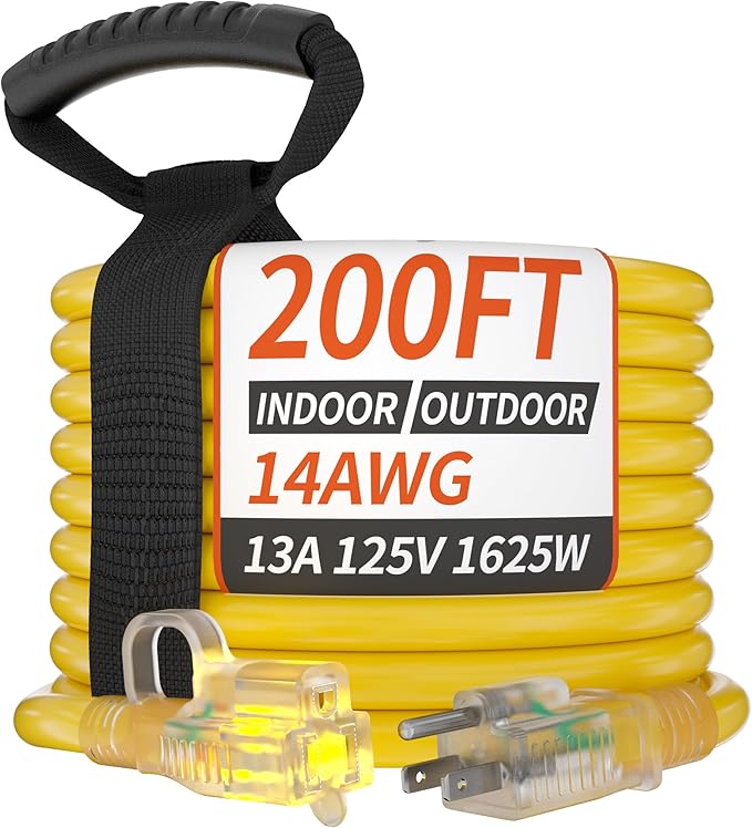 PlugSaf 200 ft 14/3 Gauge Yellow Extension Cord Outdoor by PlugSaf