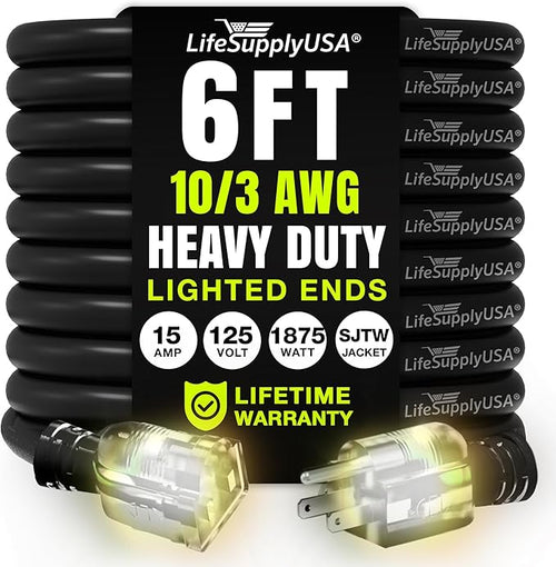 6ft Outdoor/Indoor Extension Cord 10/3 Gauge Ultra Heavy Duty 3 Prong SJTW by LifeSupplyUSA