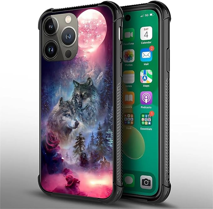 for iPhone 13 Pro Max Case, Star Two Wolfs Howling Pattern Graphic Design Girl - Image 2