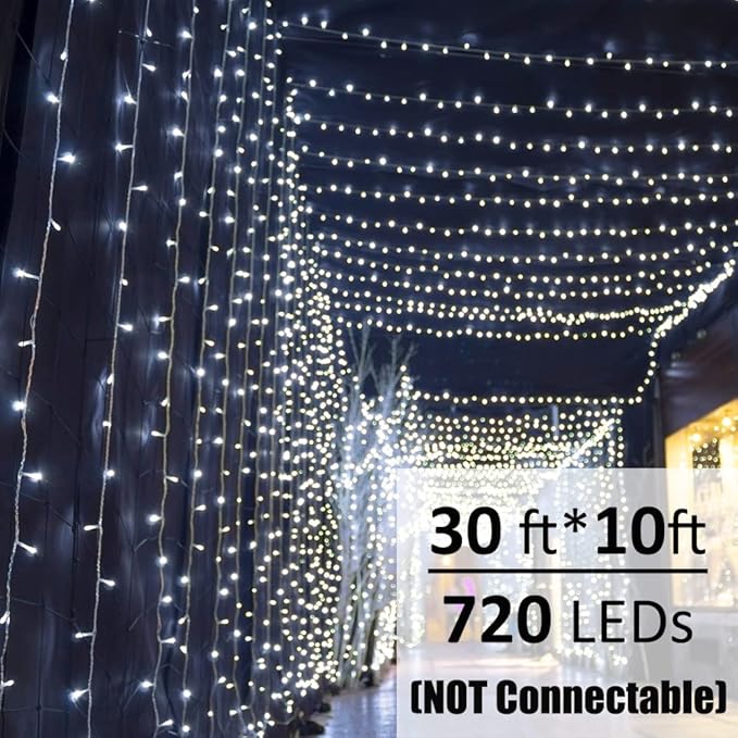 Solhice LED Curtain Lights Outdoor 30ft x10ft Cool White, 720 LED Plug in - Image 2