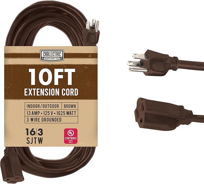 Brown Outdoor Extension Cord 10 ft, Weatherproof Heavy Duty 16 Gauge Extension by Cablectric
