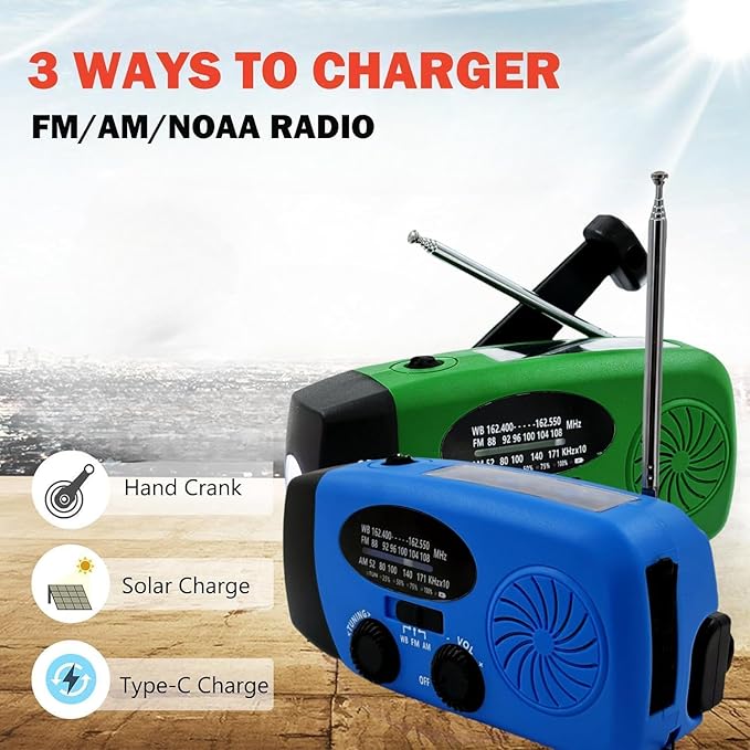 2000mAh Weather Emergency Radio, Portable Solar AM/FM/NOAA Hand Crank Radio - Image 7
