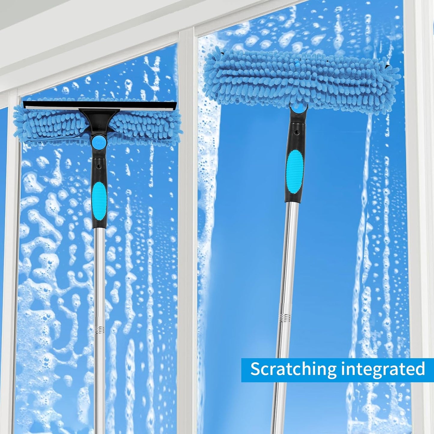 Professional 72'' Window Squeegee Cleaning Washing Tool/Kit with Extension Pole, 3 in 1 Squeegee for Window Cleaning Kit for High Window with 1 Rotatable Head 4 Interchangeable Scrubber