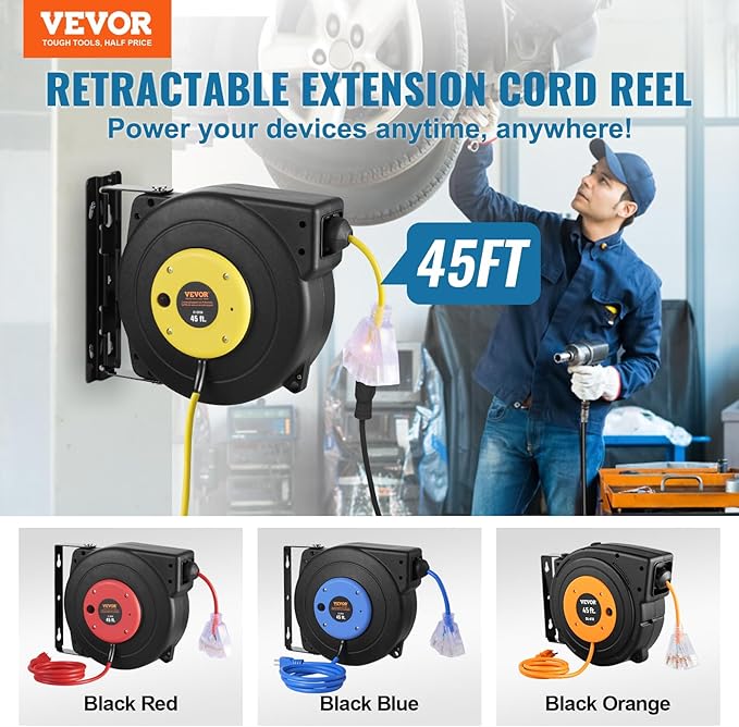 VEVOR Retractable Extension Cord Reel, 45 FT, Heavy Duty 12AWG/3C SJTOW - Image 2