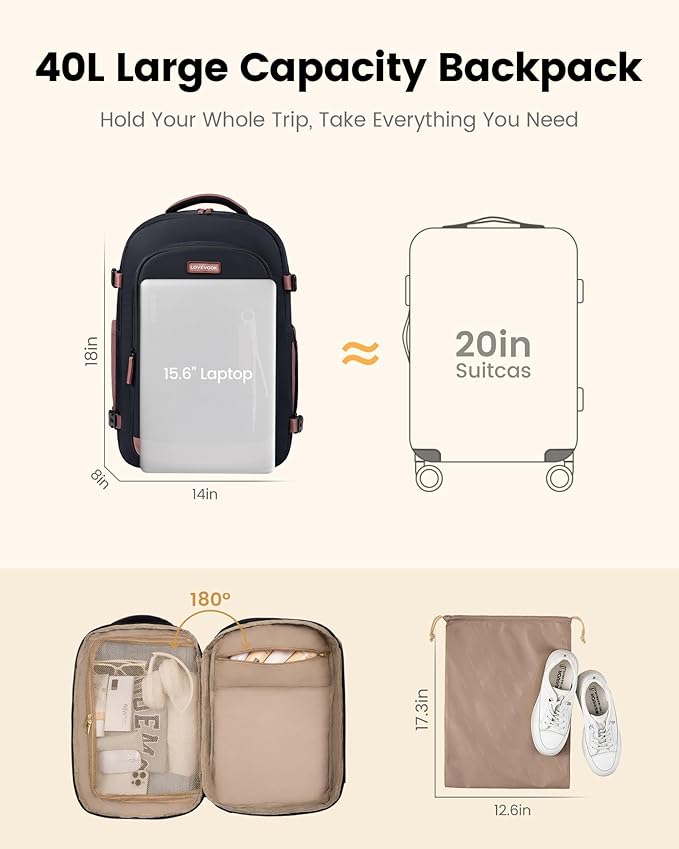 LOVEVOOK 40L Travel Backpack for Men & Women, Airline Approved Carry On Luggage - Image 8
