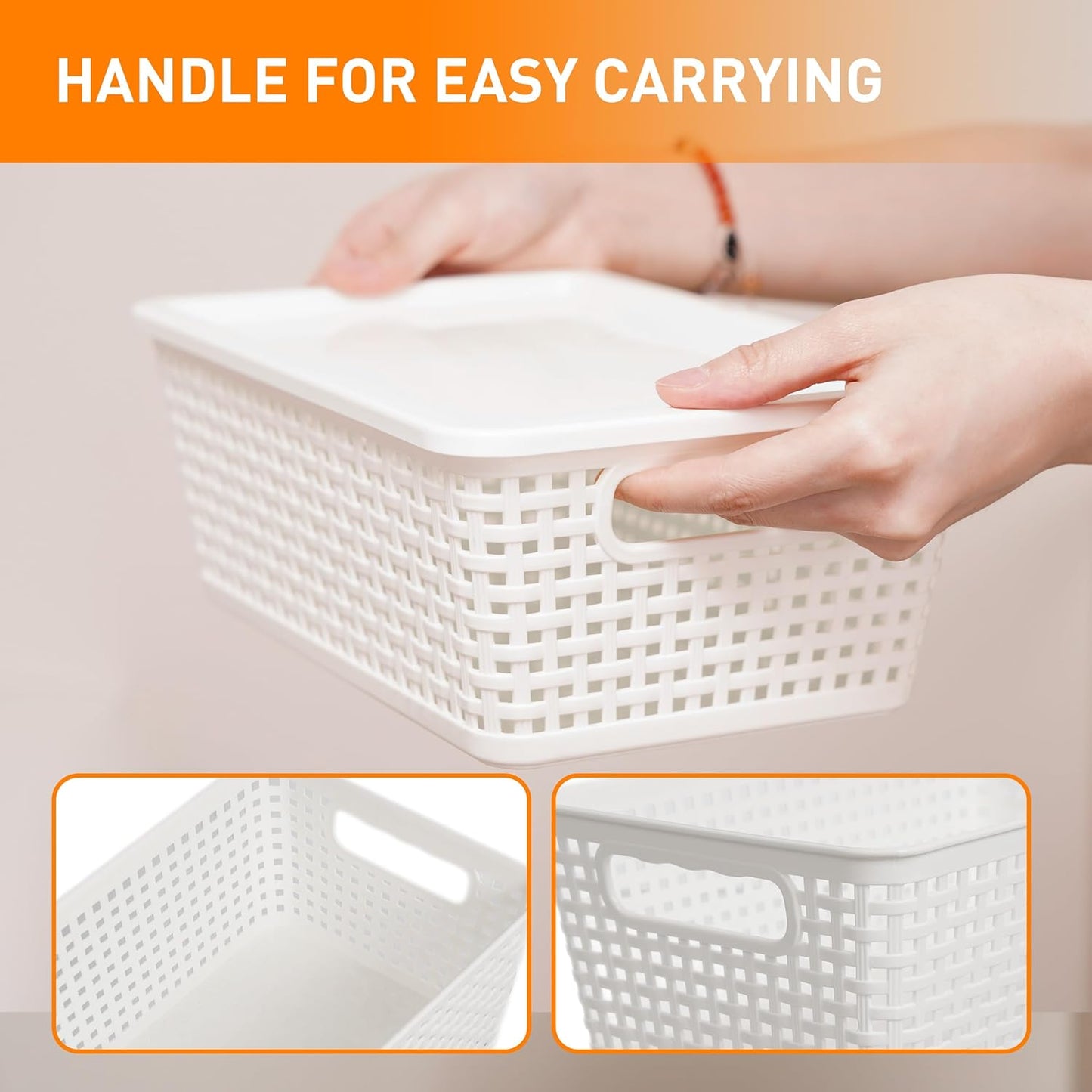 Plastic Storage Baskets With Lid, Storage Bins for Organizing, Stackable Decorative Containers for Shelves Drawers Desktop Closet Playroom Classroom Office, 6 Pack- White
