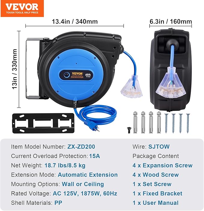 VEVOR 65FT Retractable Extension Cord Reel, 12AWG/3C SJTOW Heavy Duty Power - Image 7