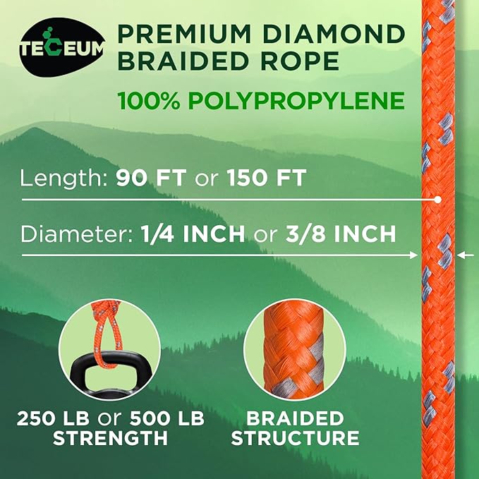 TECEUM Rope – 90 Feet x 3/8 Inch – Orange Gray – Strong All-Purpose Utility - Image 2