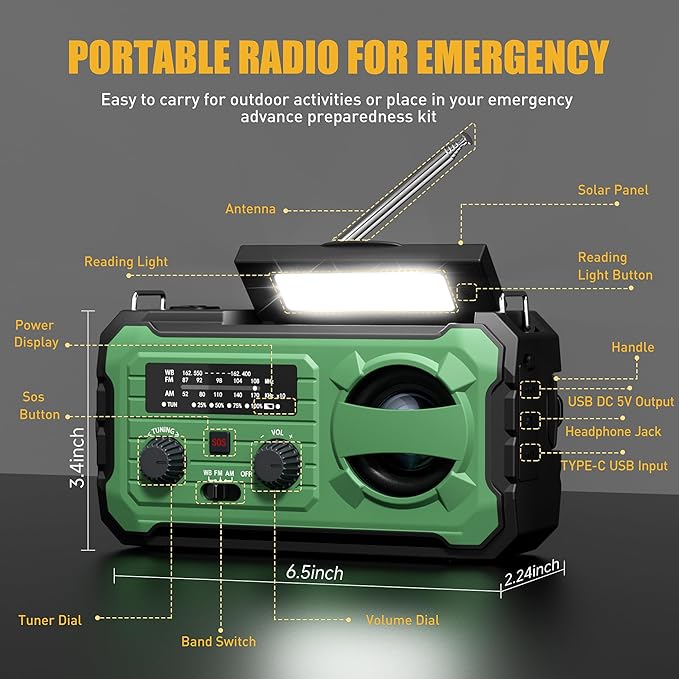 Hand Crank Emergency Radio, 10000mAh Weather Radio - Image 8