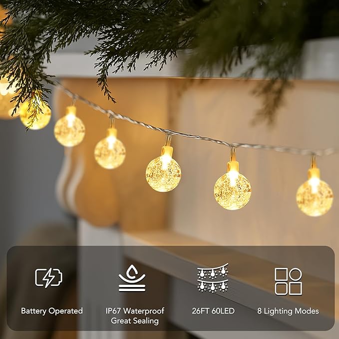Metaku Globe String Lights Fairy Battery Operated 26ft 60LED - Image 3
