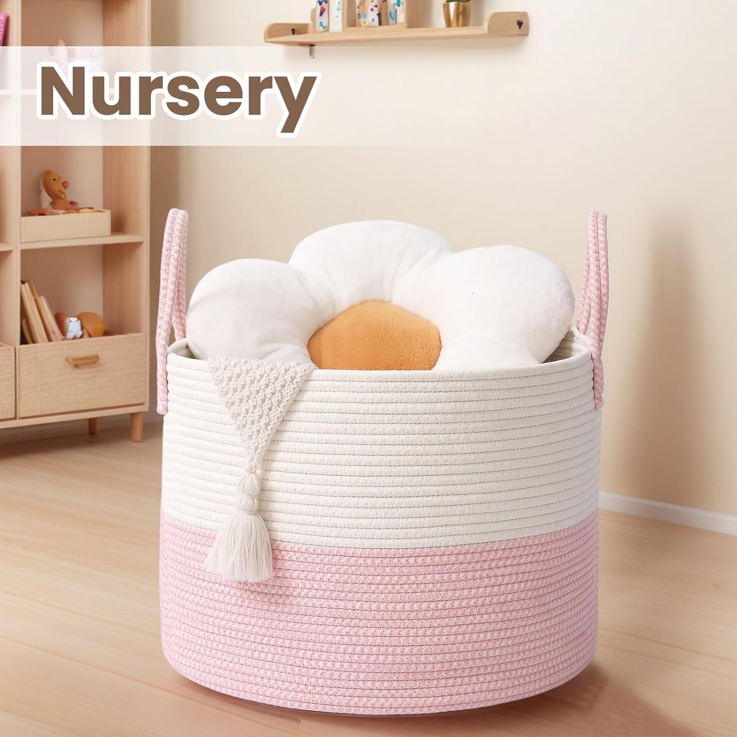 Woven Blanket Basket,65L Large Rope Storage Bin with Handles, Organizer for Blankets Toys Book and Clothes, Laundry Basket for Living Room Bedroom Nursery,White&Pink