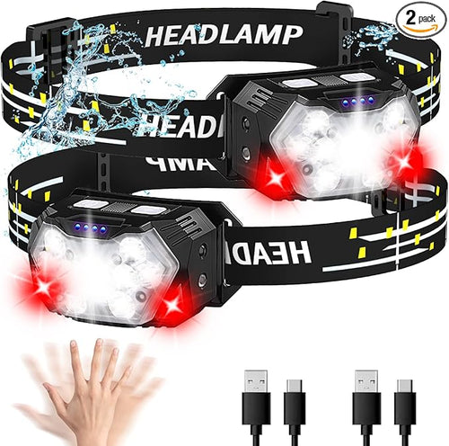 9 LED Headlamp Rechargeable 2 Pack, 2000 Lumens Super Bright Head Lamp by PLUSINTO