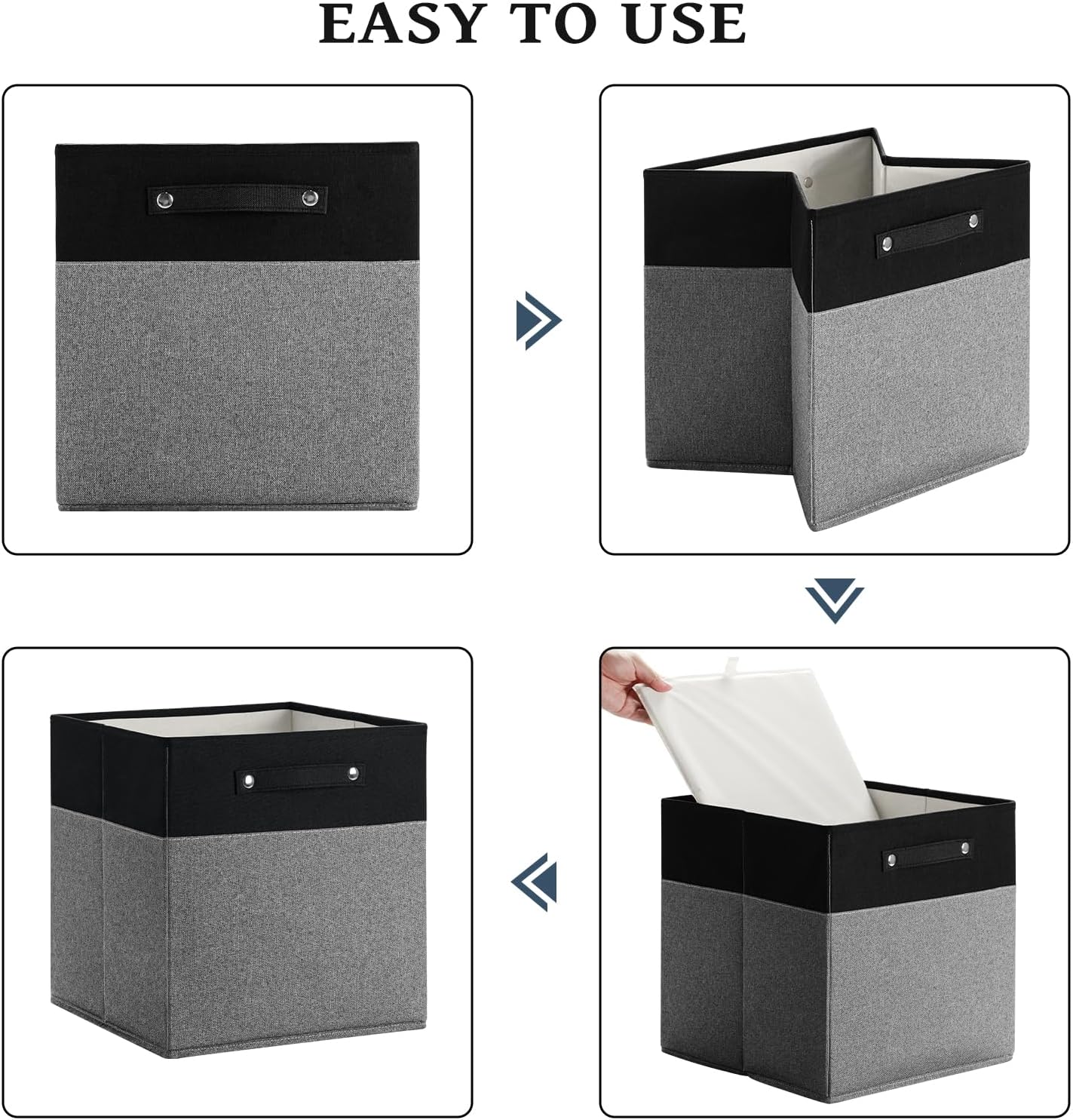 13 x 13 Inch Fine Linen Storage Bins with Handles，Fabric Cube Boxs，Collapsible Basket Organizers for Shelves for Home, Closet Drawers (Black/Gray-6 Pack)