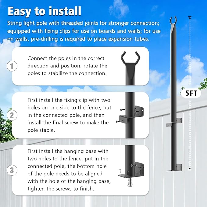 2 Pack String Light Poles, 5Ft Metal Poles - Image 7