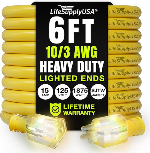 6ft Outdoor/Indoor Extension Cord 10/3 Gauge Ultra Heavy Duty 3 Prong SJTW by LifeSupplyUSA