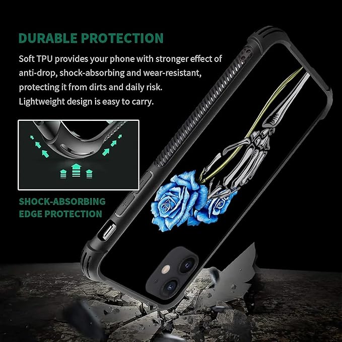 for iPhone 11 Case, Skeleton Holding Blue Rose Pattern Graphic Design Girl Boy - Image 4