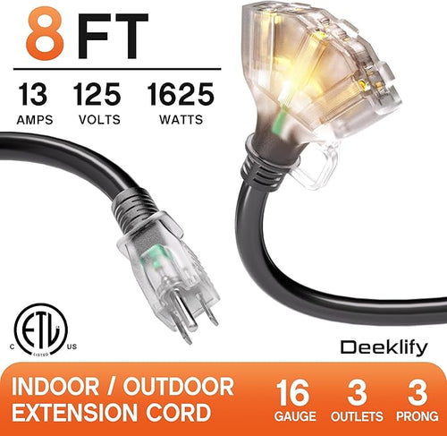 8 ft 16/3 awg 3 Outlet Extension Cord Splitter - Image 2