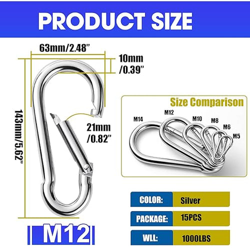 15Pack 5.5 Inch Spring Snap Hooks, Heavy Duty Carabiner Clips - Image 2