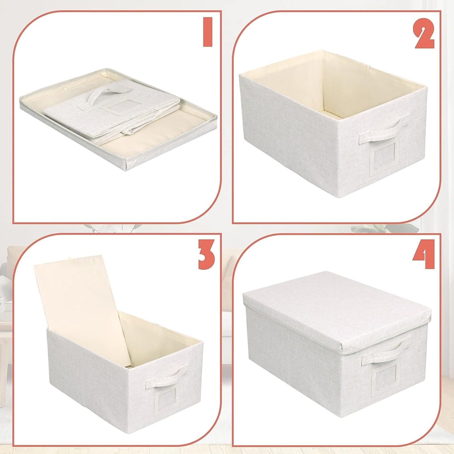 Large 17''x12'' Quart Collapsible Stackable Storage Bins with Lids, 6 Packs Off White Fabric Closet Boxes with Lids, Storage Cube Baskets Container Organizers for Bedroom Office(17''x12.2x''8'')