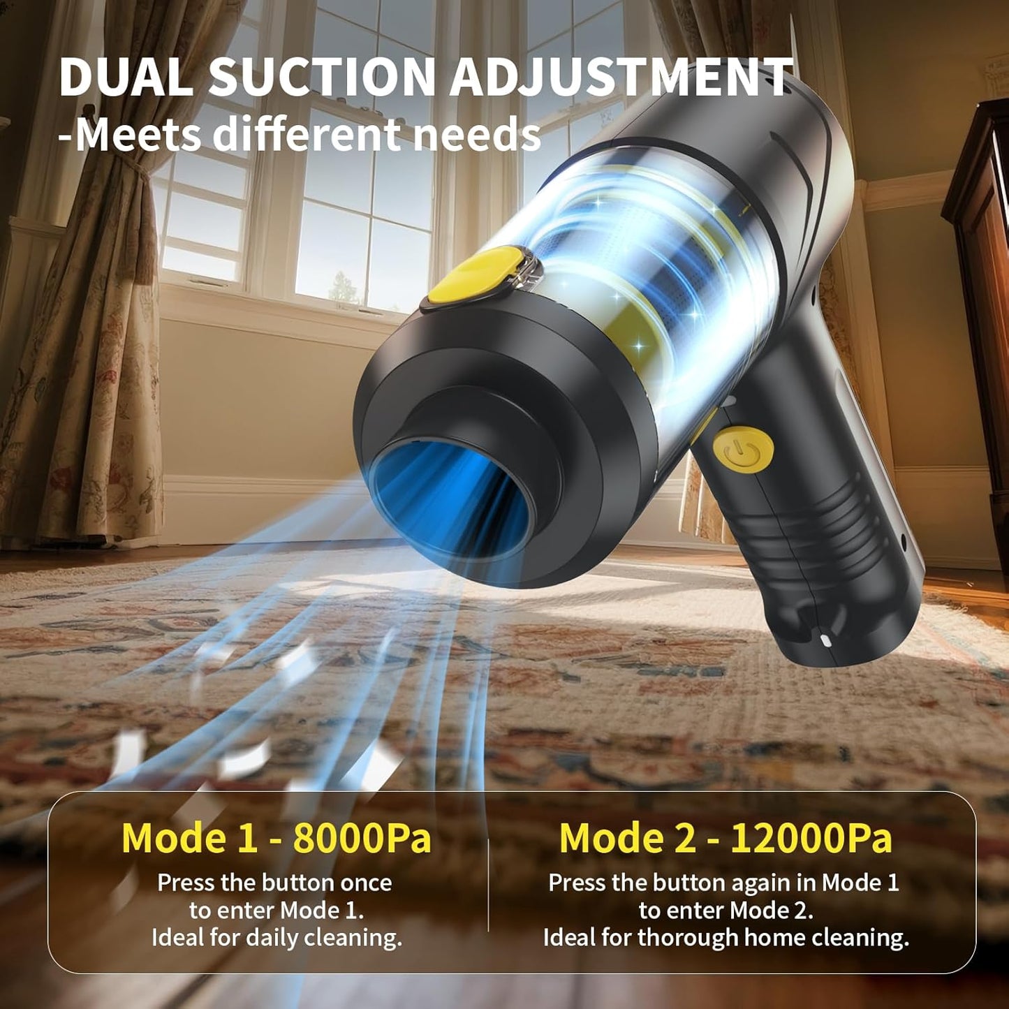 Cordless Handheld Vacuum & Air Duster - 12000Pa Strong Suction, 2 Speeds, Brushless Motor, LED Light, Multi-Nozzles 4-in-1 - Portable for Car, Home, Outdoor, Pet Hair