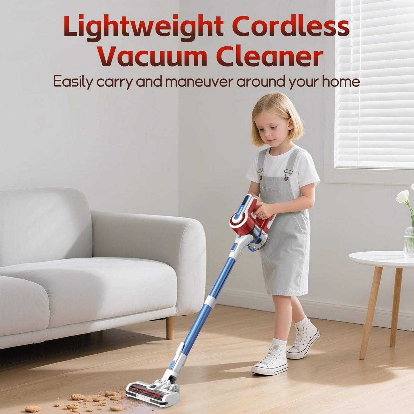 Cordless Vacuum Cleaner for Home, 45Kpa Lightweight Stick Vacuum with Powerful Suction, Rechargeable Battery Up to 50mins, Handheld Vacuum Cleaners for Hardwood Floors, Carpets, Pet Hair - Red