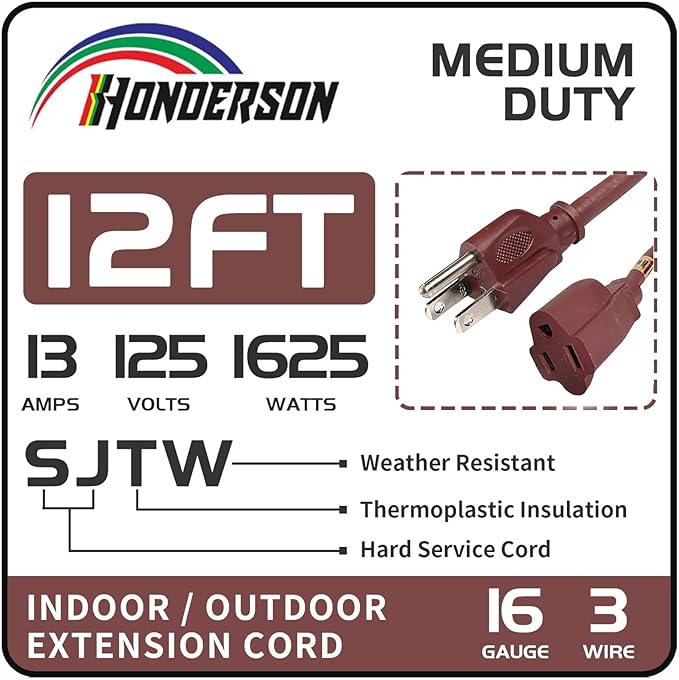 12FT Brown Outdoor Extension Cord-16/3 SJTW Durable Extension Cord - Image 2