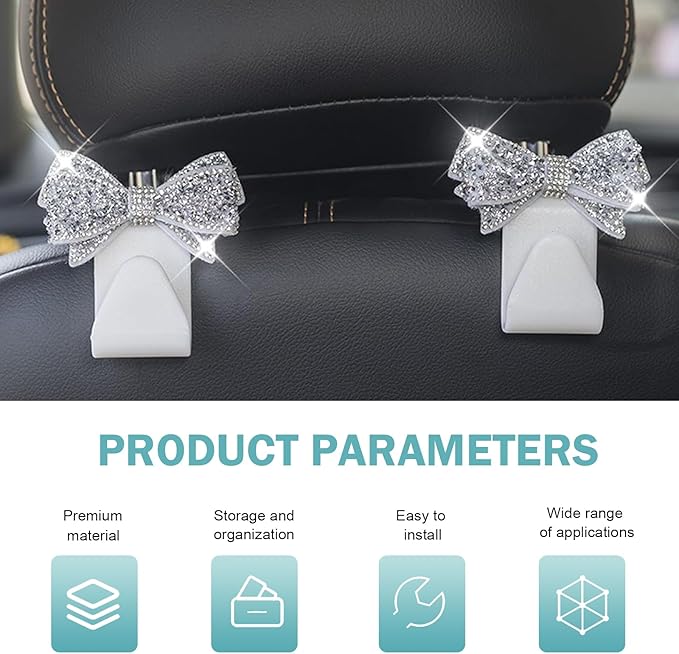 2 PCS Bling Bow Car Seat Headrest Hooks, Cute Rhinestone Bow Car Seat Back - Image 3
