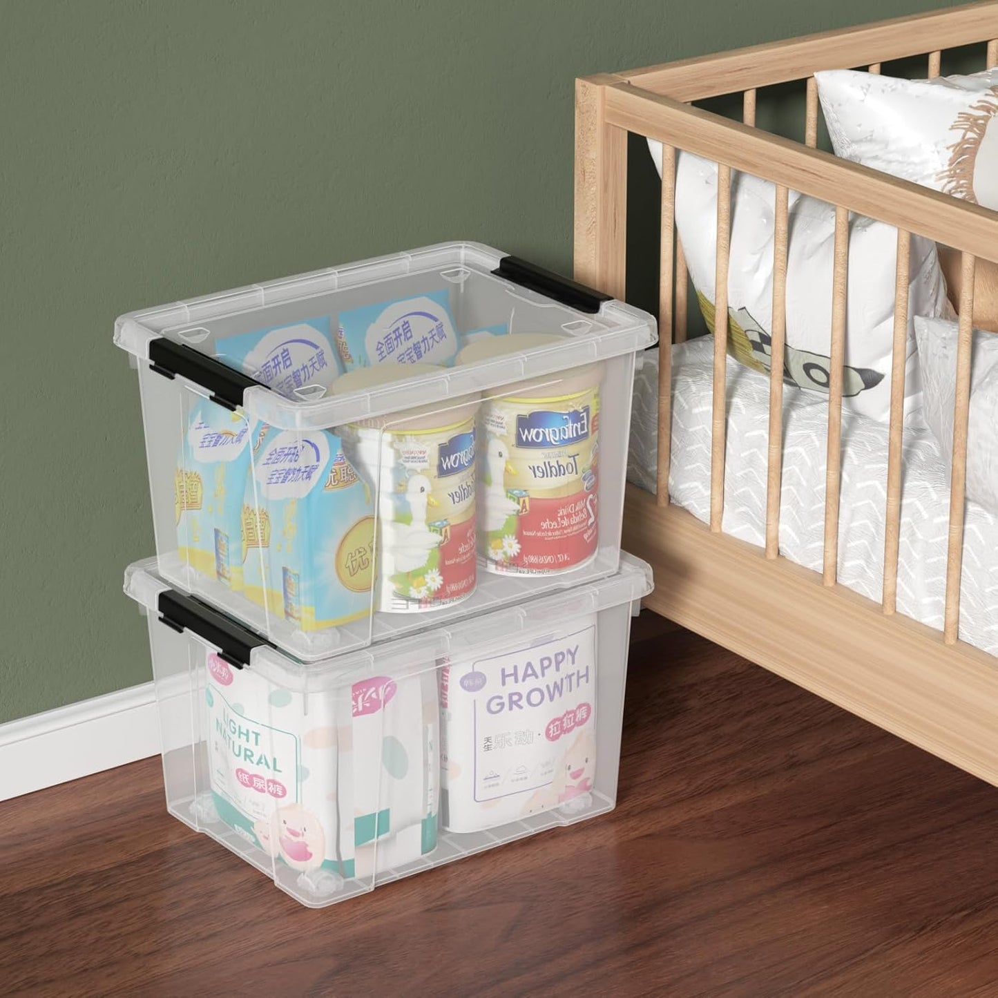 Set of 4 34 L Stackable Plastic Storage Bins with Latching Lids and Wheels, Clear Home Organization Container Box, See-Through