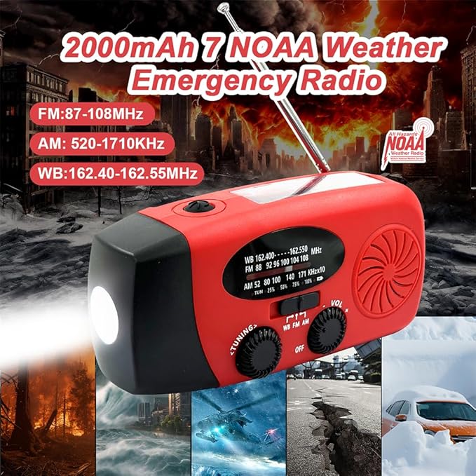 Emergency Hand Crank Radio, 2000mAh/7400mWh NOAA Weather Radio Battery Operated - Image 2